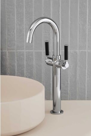 Senska Monobloc Basin Mixer - Deck Mounted - Black Lever - 160mm Extension - Chrome Finish