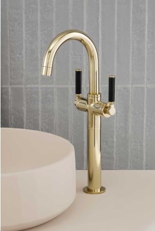 Senska Monobloc Basin Mixer - Deck Mounted - Black Lever - 160mm Extension - Polished Brass