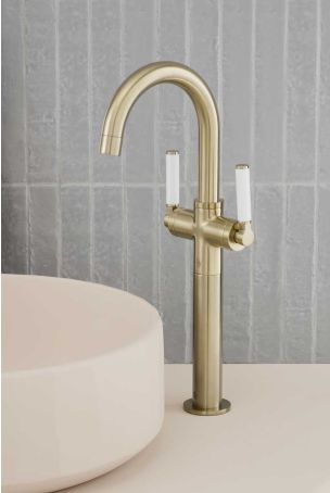 Senska Monobloc Basin Mixer - Deck Mounted - White Lever - 160mm Extension - Brushed Brass