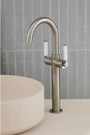 Senska Monobloc Basin Mixer - Deck Mounted - White Lever - 160mm Extension - Brushed Nickel