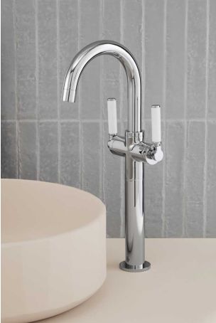 Senska Monobloc Basin Mixer - Deck Mounted - White Lever - 160mm Extension - Chrome Finish