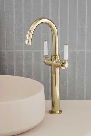 Senska Monobloc Basin Mixer - Deck Mounted - White Lever - 160mm Extension - Polished Brass