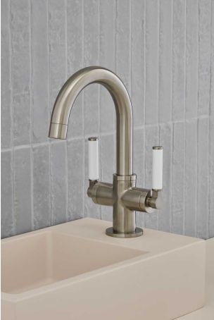 Senska Monobloc Basin Mixer - Deck Mounted - White Lever - Brushed Nickel