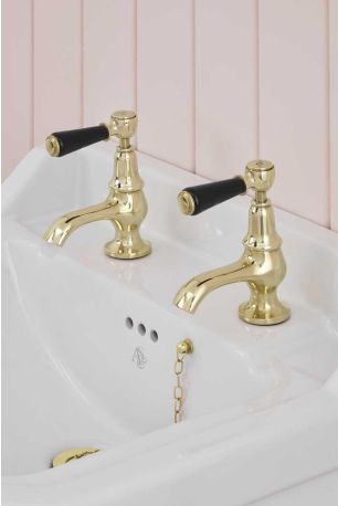 Linton 1/2BSP Basin Pillar Taps Black Lever Polished Brass