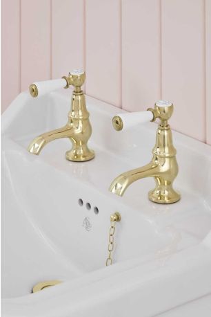 Linton 1/2BSP Basin Pillar Taps White Lever Polished Brass