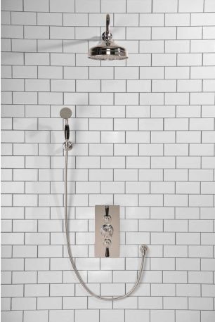 Calder Dual Outlet Shower Kit - Concealed Valve - 8 inch Rose - Black Ceramic Lever - Handshower Hook - Chrome Finish