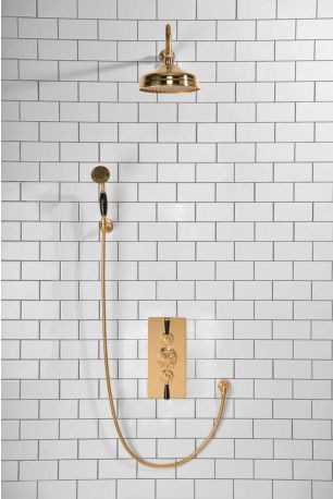 Calder Dual Outlet Shower Kit - Concealed Valve - 8 inch Rose - Black Ceramic Lever - Handshower Hook - Polished Brass