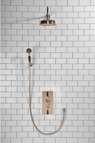 Calder Dual Outlet Shower Kit - Concealed Valve - 8 inch Rose - Black Ceramic Lever - Handshower Hook - Polished Nickel