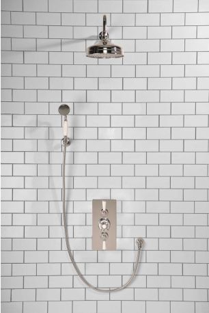 Calder Dual Outlet Shower Kit - Concealed Valve - 8 inch Rose - White Ceramic Lever - Handshower Hook - Chrome Finish