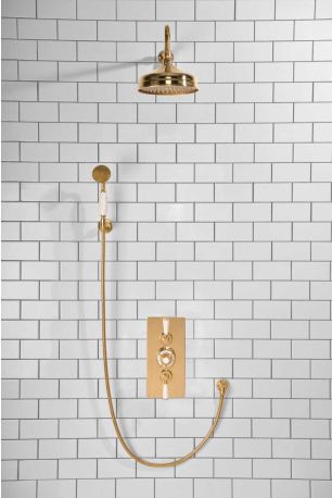 Calder Dual Outlet Shower Kit - Concealed Valve - 8 inch Rose - White Ceramic Lever - Handshower Hook - Polished Brass