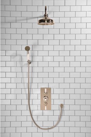 Calder Dual Outlet Shower Kit - Concealed Valve - 8 inch Rose - White Ceramic Lever - Handshower Hook - Polished Nickel