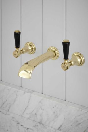 Linton - 3-Hole Basin Mixer - Wall Mounted - Black Lever - Brass