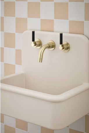 Senska - 3-Hole Basin Mixer Tap - Backsplash Basin Mounted - Black Lever - Brushed Brass