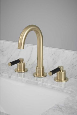 Senska - 3-Hole Basin Mixer - Deck Mounted - Black Lever - Brushed Brass