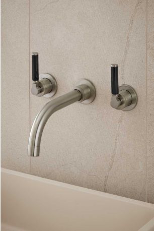 Senska - 3-Hole Basin Mixer - Wall Mounted - Black Lever - Brushed Nickel