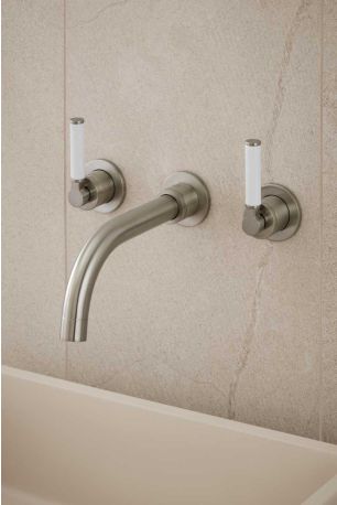 Senska - 3-Hole Basin Mixer - Wall Mounted - White Lever - Brushed Nickel