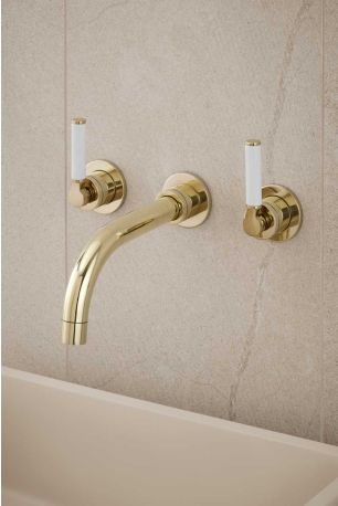 Senska - 3-Hole Basin Mixer - Wall Mounted - White Lever - Polished Brass