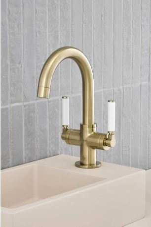 Senska Monobloc Basin Mixer - Deck Mounted - White Lever - Brushed Brass