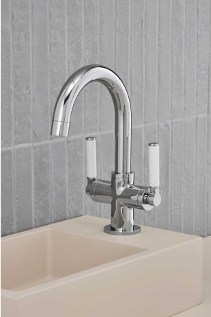 Senska Monobloc Basin Mixer - Deck Mounted - White Lever - Chrome