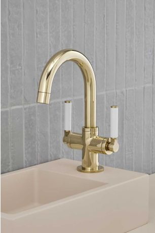 Senska Monobloc Basin Mixer - Deck Mounted - White Lever - Polished Brass