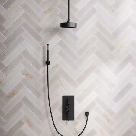 Bayor Dual Outlet Concealed Shower with Handshower Hook, 210mm Ceiling Arm, 8 " Rose & Metal Levers in Matt Black