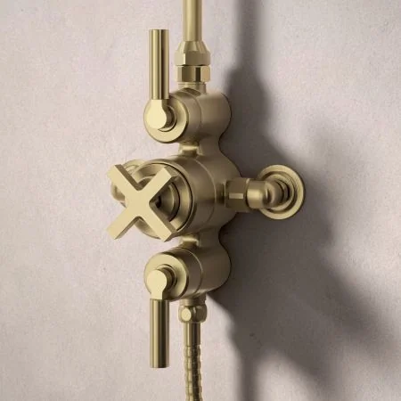 Bayor Dual Outlet Exposed Shower with Handheld Shower Hook & 8" Rose - Metal Lever - Brushed Brass