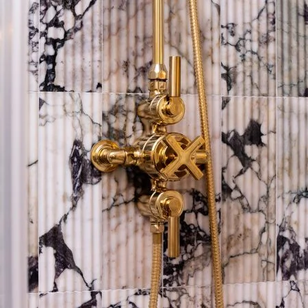 Bayor Dual Outlet Exposed Shower with Riser Mounted Handheld Shower & 8" Rose - Metal Lever - Living Brass