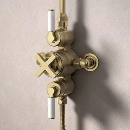 Bayor Dual Outlet Exposed Shower with Riser Mounted Handheld Shower & 8" Rose - White Lever - Brushed Brass