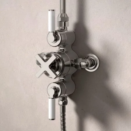 Bayor Dual Outlet Exposed Shower with Riser Mounted Handheld Shower & 8" Rose - White Lever - Brushed Nickel