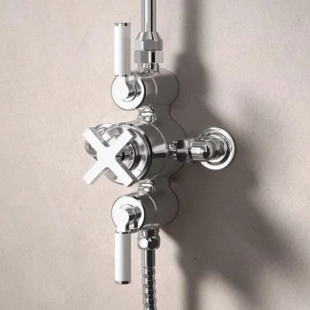 Bayor Dual Outlet Exposed Shower with Riser Mounted Handheld Shower & 8" Rose - White Lever - Chrome