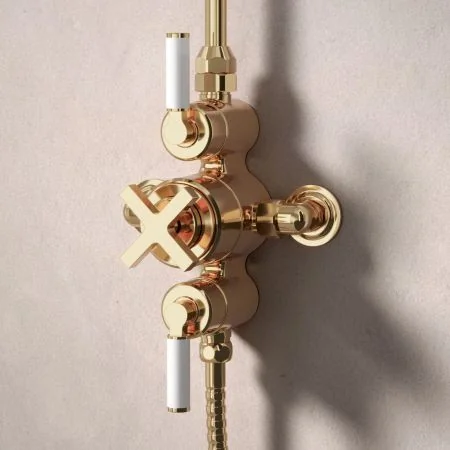 Bayor Dual Outlet Exposed Shower with Riser Mounted Handheld Shower & 8" Rose - White Lever - Living Brass