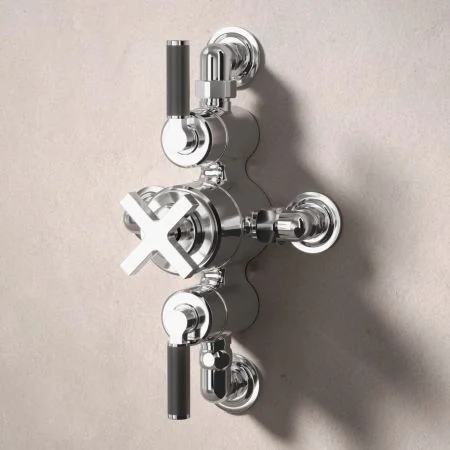 Bayor Dual Outlet Semi Exposed Shower with Handheld Shower Hook & 210mm Ceiling Arm with 8" Rose - Black Lever - Chrome