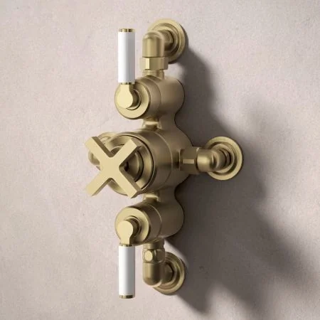 Bayor Dual Outlet Semi Exposed Shower with Handheld Shower Hook & 210mm Ceiling Arm with 8" Rose - White Lever - Brushed Brass
