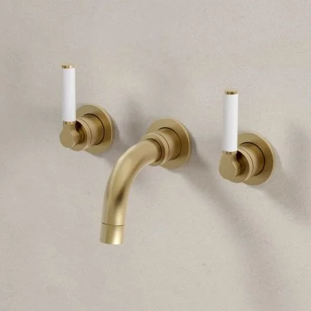 Bayor Backsplash Basin Mounted 3 Hole Basin - White Lever - Brushed Brass