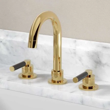 Bayor Deck Mounted 3 Hole Basin Mixer - Black Lever - Living Brass