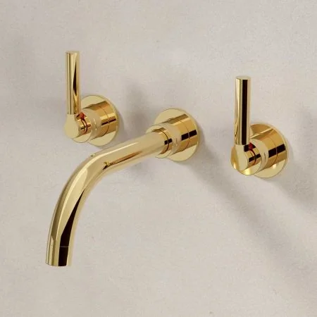 Bayor Wall Mounted 3 Hole Basin Mixer - 215mm Spout - Metal Lever - Living Brass
