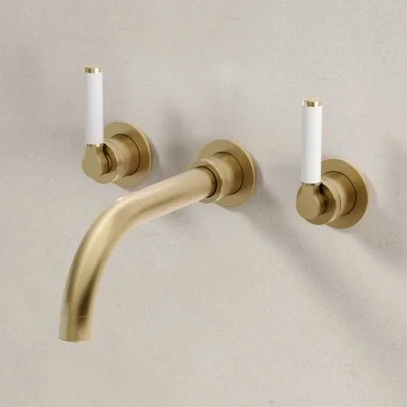 Bayor Wall Mounted 3 Hole Basin Mixer - 215mm Spout - White Lever - Brushed Brass