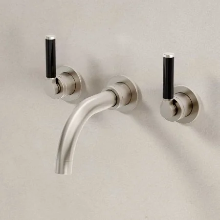 Bayor Wall Mounted 3 Hole Basin Mixer - 160mm Spout - Black Lever - Brushed Nickel
