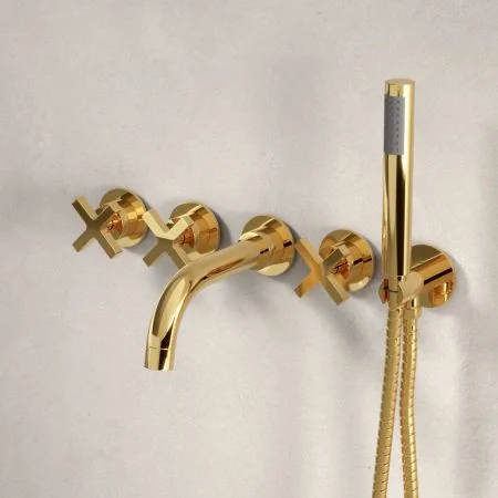 Bayor 5-Hole - Wall Mounted - Bath Shower Mixer - X Top - Polished Brass