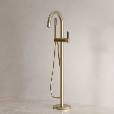 Bayor Floor Mounted Bath Shower Mixer - Black Lever - Brushed Brass