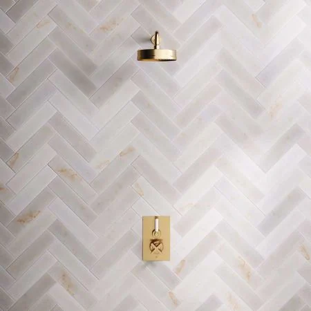 Bayor Single Outlet Concealed Shower with 300mm Wall Arm, 8" Rose & White Levers in Brushed Brass