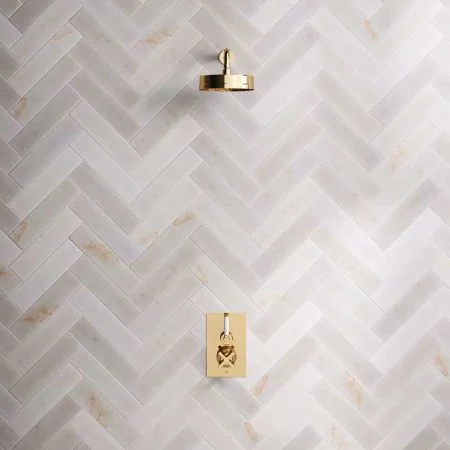 Bayor Single Outlet Concealed Shower with 300mm Wall Arm, 8" Rose & White Levers in Living Brass
