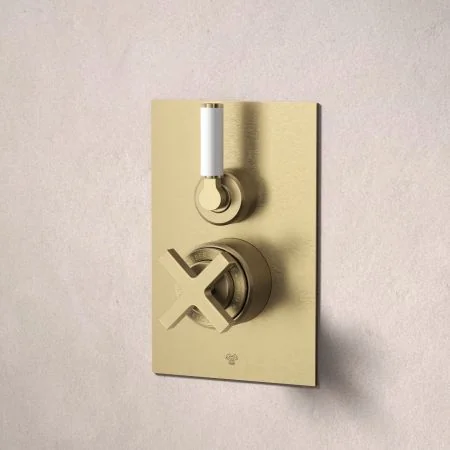 Bayor Single Outler Concealed Shower with 210mm Ceiling Arm & 8" Rose - White Lever - Brushed Brass