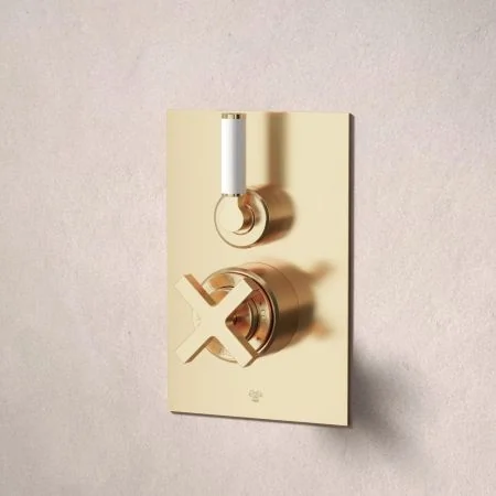 Bayor Single Outler Concealed Shower with 210mm Ceiling Arm & 8" Rose - White Lever - Living Brass