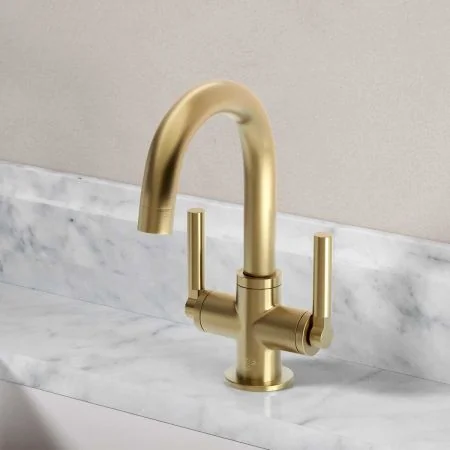 Bayor Deck Mounted Monobloc Basin Mixer - Metal Lever - Brushed Brass