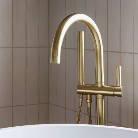 Bayor Floor Mounted Bath Shower Mixer - White Lever - Brushed Brass