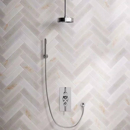 Bayor Dual Outlet Concealed Shower with Handshower Hook, 210mm Ceiling Arm, 8" Rose & Metal Levers in Chrome