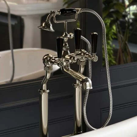 Linton Floor Mounted 2 Hole Bath Shower Mixer with 725mm Standpipes - Black Lever - Polished Nickel