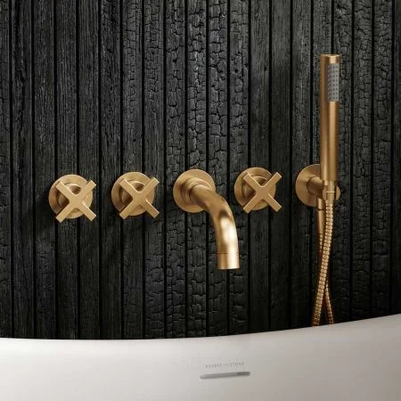 Bayor Wall Mounted 5 Hole Bath Shower Mixer - Crosshead - Living Brass