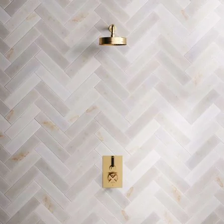 Bayor Single Outlet Concealed Shower with 300mm Wall Arm, 8" Rose & Black Levers in Brushed Brass